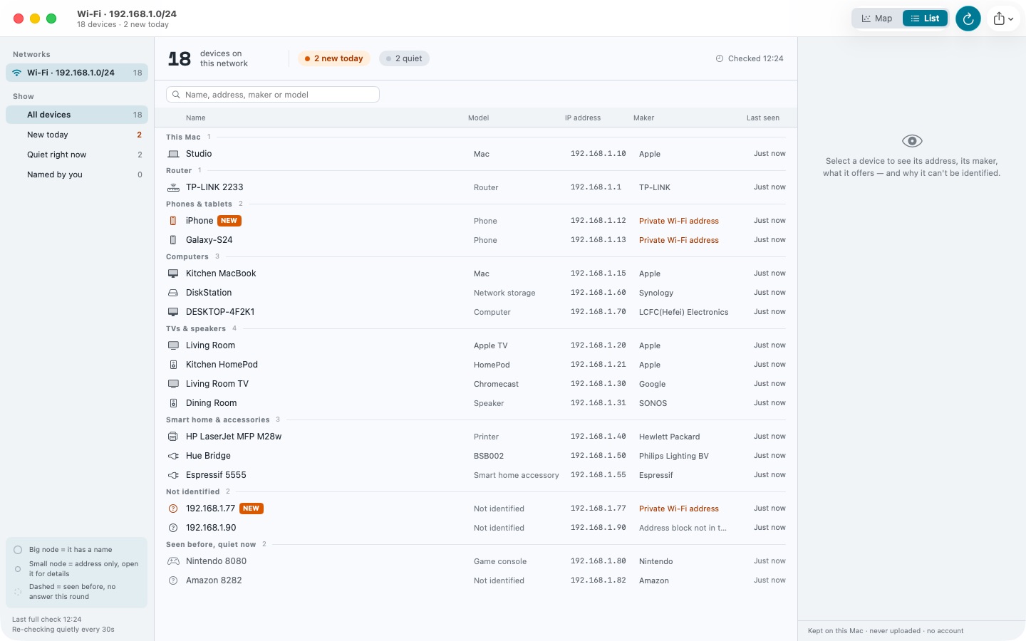 Census list view grouped by kind of device