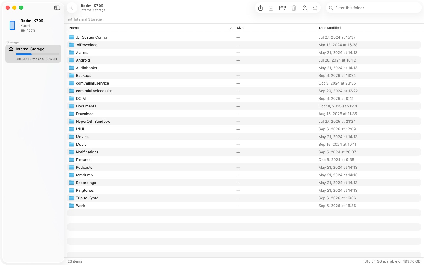 Plugged showing an Android phone's internal storage in a Finder-like window